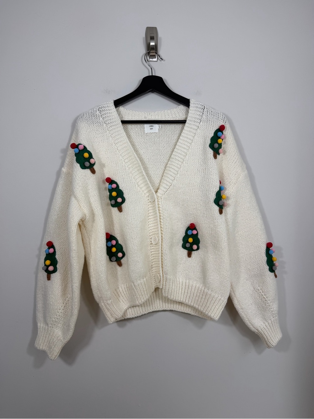 Luna Ivy Christmas Tree Pom Pom Cardigan Sweater Ivory Women’s M